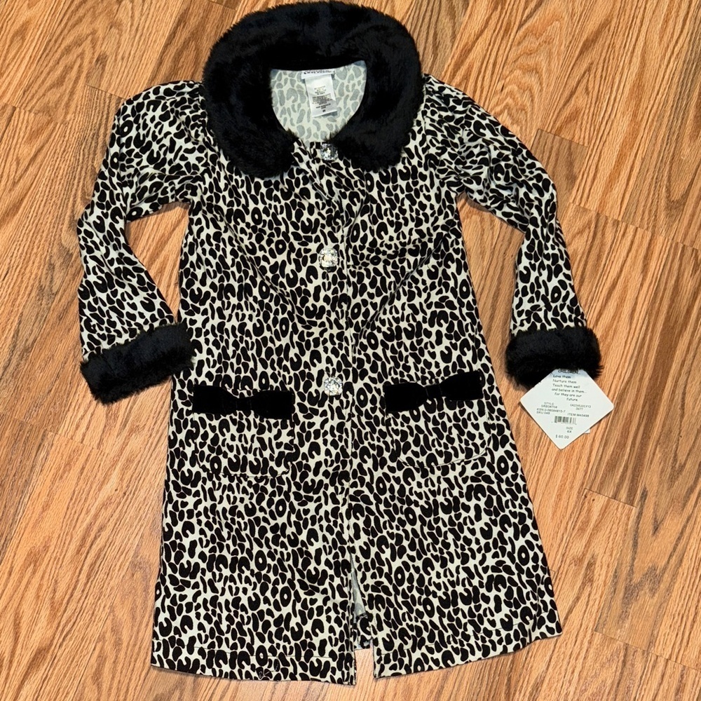 NWT Blueberi Boulevard girls kids black white Leopard Print Coat Halloween 6Y - Picture 1 of 5
